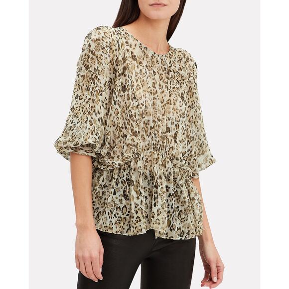 IRO Paris Saggi 100% Silk Leopard Long Sleeve Peplum Blouse Beige Women's Size M